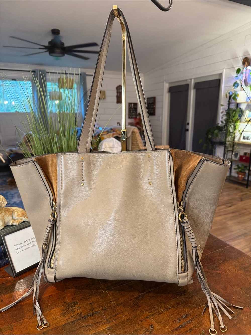 🩵Chloe Taupe Leather Tote with Tan Suede Accents